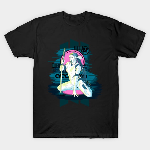 hot robot holding a katana, cyberpunk design. pink and blue. T-Shirt by JJadx